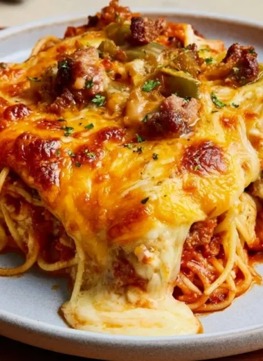 A plate of Million Dollar Spaghetti topped with cheese and herbs