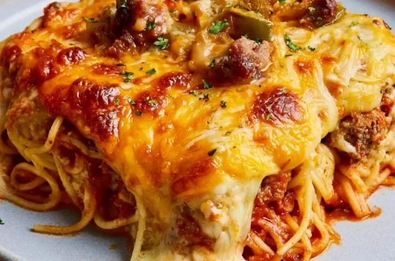 A plate of Million Dollar Spaghetti topped with cheese and herbs