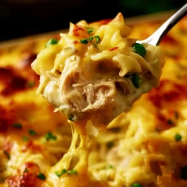 Pioneer Woman's Chicken Noodle Casserole served in a dish with garnishes