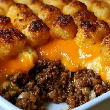 Delicious Tater Tot Casserole with ground beef, topped with crispy tater tots