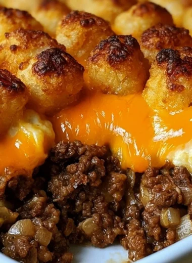 Delicious Tater Tot Casserole with ground beef, topped with crispy tater tots