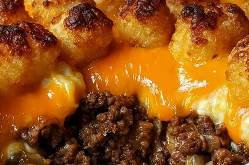 Delicious Tater Tot Casserole with ground beef, topped with crispy tater tots