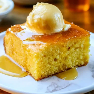 Slice of the best moist cornbread on a wooden table