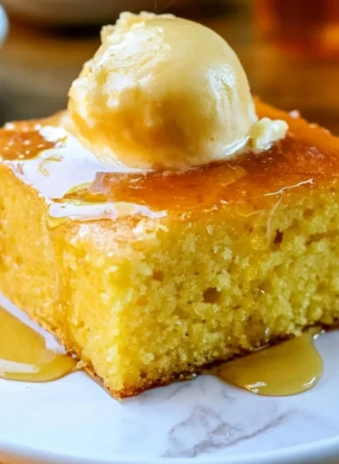 Slice of the best moist cornbread on a wooden table
