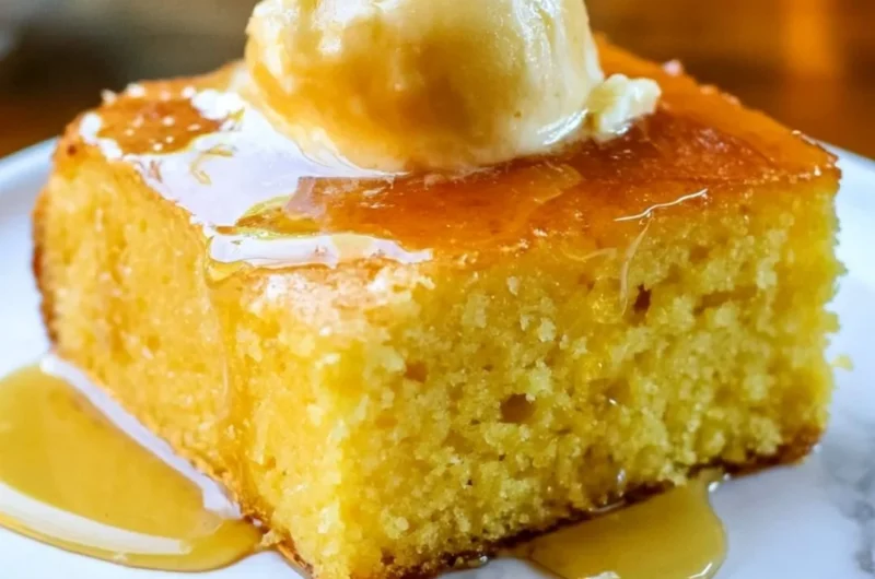 Slice of the best moist cornbread on a wooden table