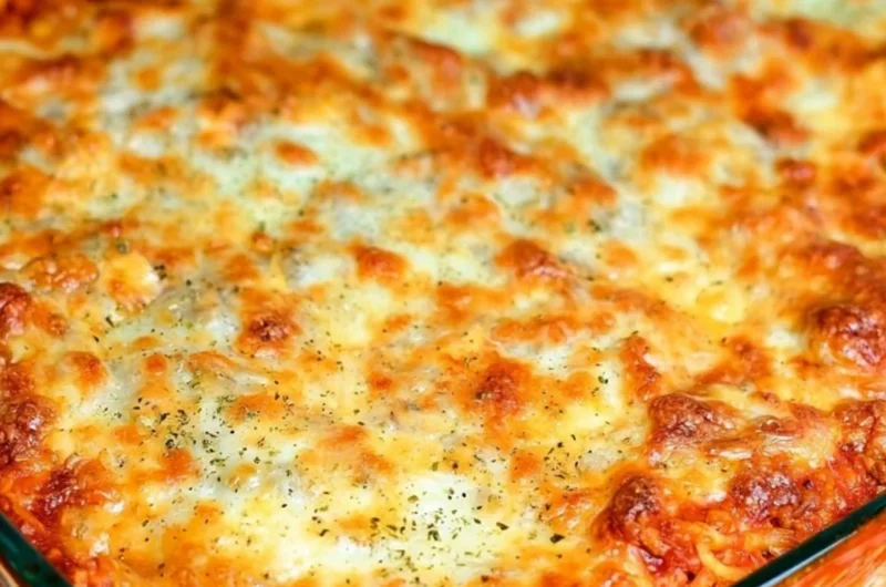 Delicious baked spaghetti topped with cheese and herbs in a rustic dish