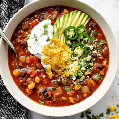 Bowl of delicious vegan black bean chili with fresh toppings