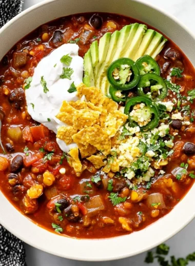 Bowl of delicious vegan black bean chili with fresh toppings