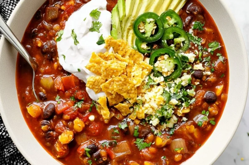 Bowl of delicious vegan black bean chili with fresh toppings