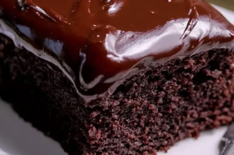 Wacky Chocolate Cake topped with colorful sprinkles and creamy chocolate frosting.
