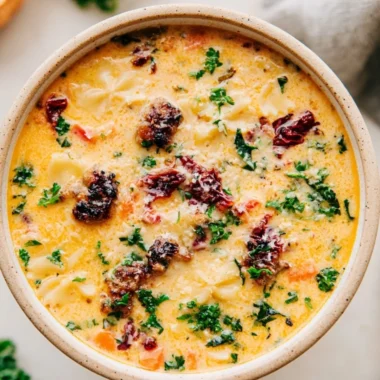 Bowl of warm and cozy Italian sausage pasta soup topped with fresh herbs.