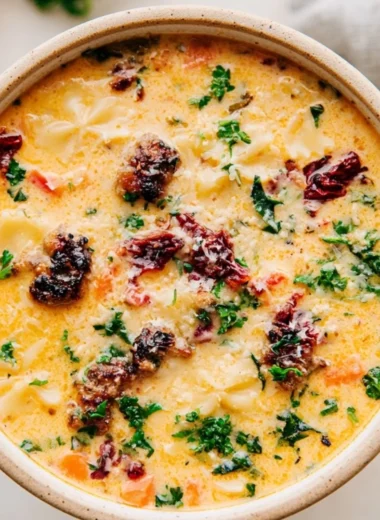 Bowl of warm and cozy Italian sausage pasta soup topped with fresh herbs.