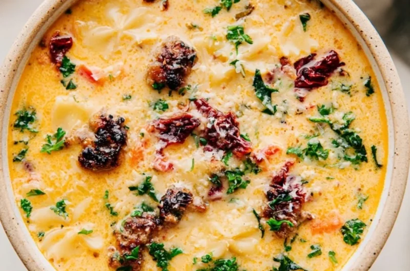 Bowl of warm and cozy Italian sausage pasta soup topped with fresh herbs.