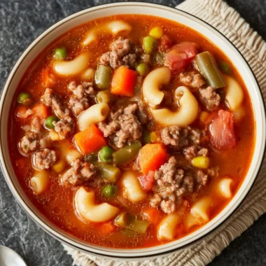 Bowl of Busy Day Soup filled with fresh vegetables and savory broth