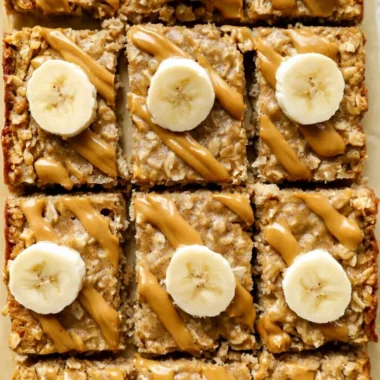 Delicious peanut butter baked oatmeal served in a bowl with toppings