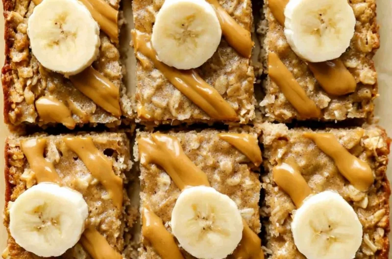Delicious peanut butter baked oatmeal served in a bowl with toppings