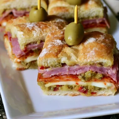 New Orleans style muffaletta sandwich bites on a platter