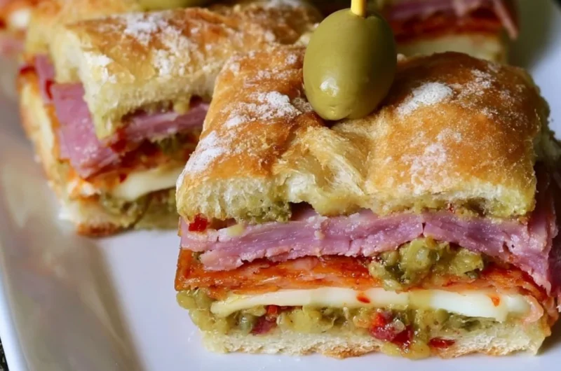 New Orleans style muffaletta sandwich bites on a platter