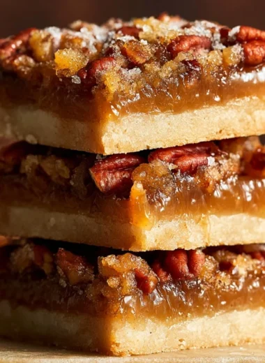 Delicious pecan pie bars topped with caramel and pecans, perfect dessert treat.
