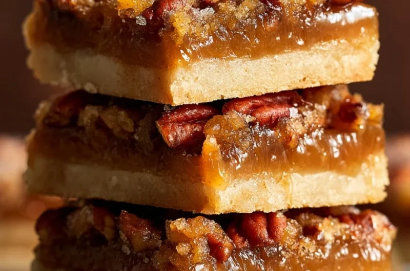 Delicious pecan pie bars topped with caramel and pecans, perfect dessert treat.