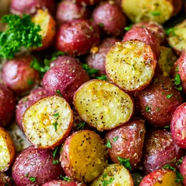 Delicious roasted red potatoes garnished and served on a plate