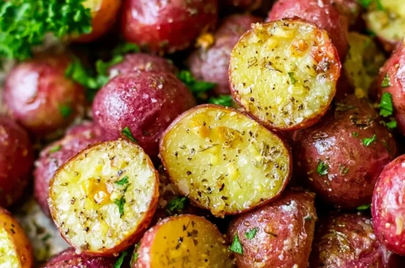 Delicious roasted red potatoes garnished and served on a plate