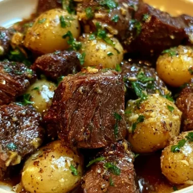 Slow cooker garlic butter beef bites with potatoes served in a dish.