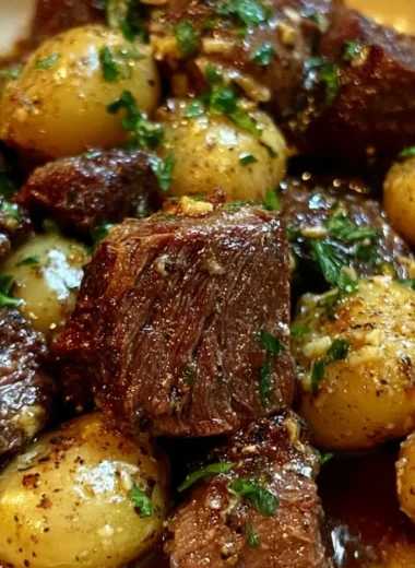 Slow cooker garlic butter beef bites with potatoes served in a dish.