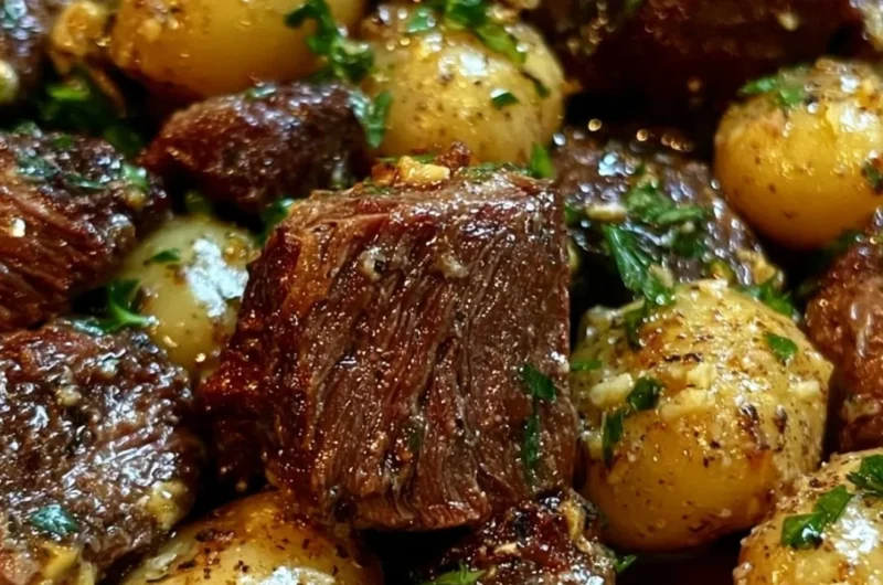 Slow cooker garlic butter beef bites with potatoes served in a dish.