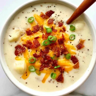 Creamy loaded potato soup with bacon, cheddar cheese, and tender potatoes