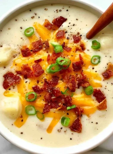 Creamy loaded potato soup with bacon, cheddar cheese, and tender potatoes