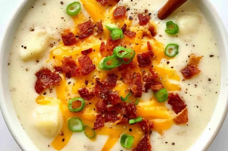 Creamy loaded potato soup with bacon, cheddar cheese, and tender potatoes